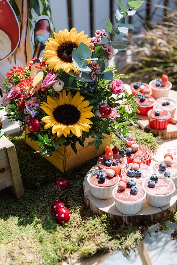 Ideas For Girl Baptism Decoration With Mushrooms And Sunflowers