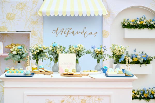 Garden Style Baptism Blue Yellow White Decoration