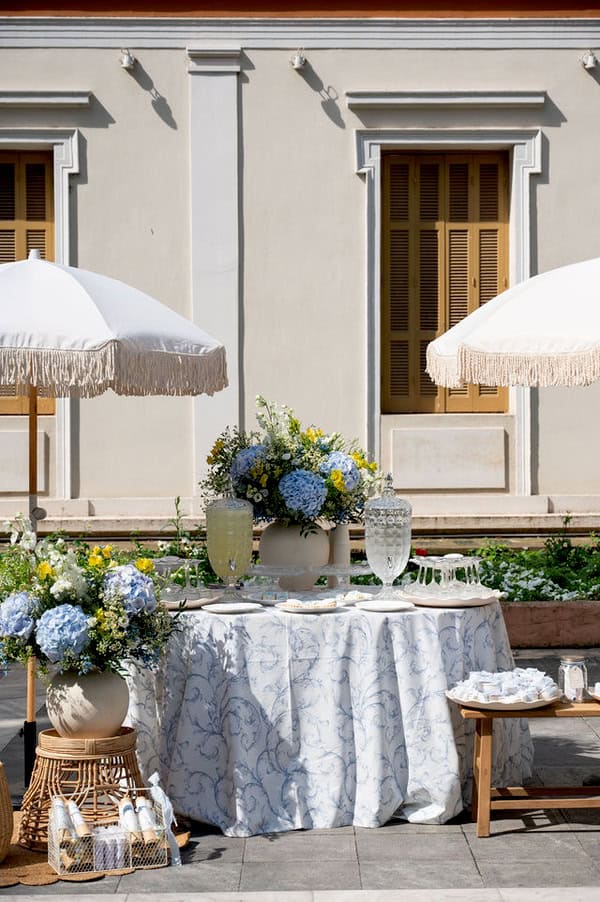 Romantic Spring Baptism Blue Hydrangeas Yellow Accents Thessaloniki